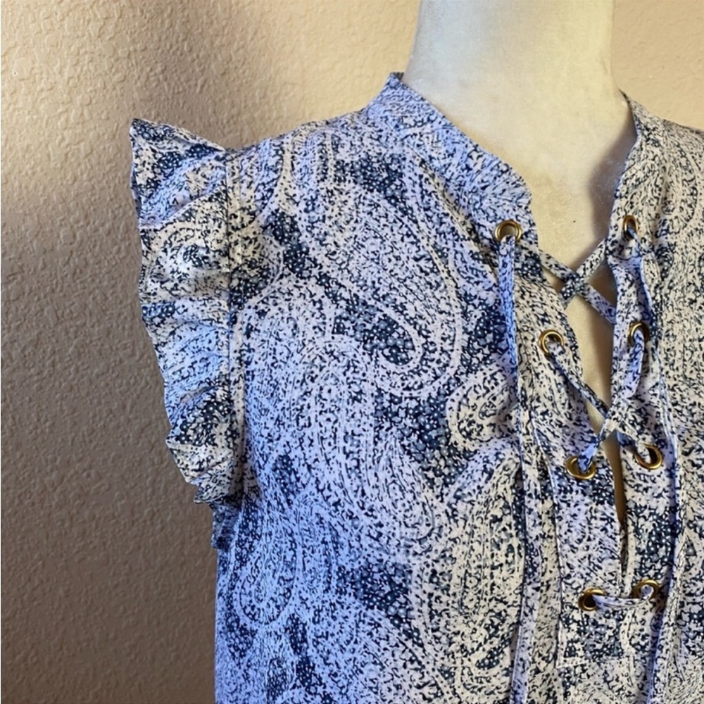 Michael Kors Blue & White Lace Up Front Ruffle Sleeve Blouse Size Medium - Picture 3 of 13